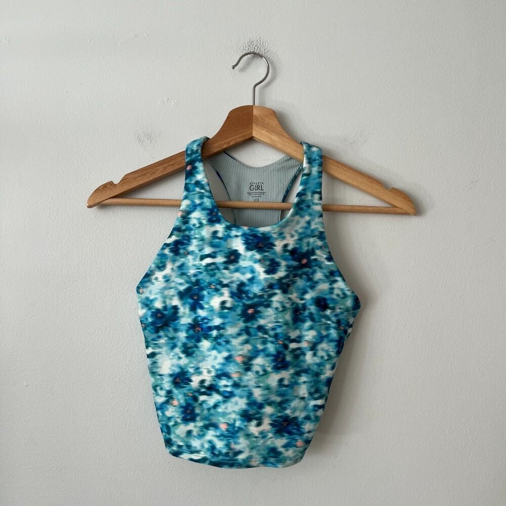 Athleta Girl Long Distance Racerback Crop Bra Top Blue Floral Girl's Size L/12